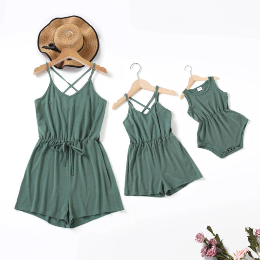 Mom Daughter Matching Grey Green Romper Mom And Mini Me