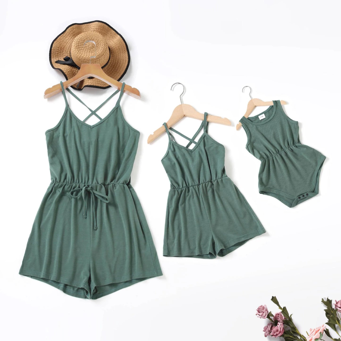 Mom Daughter Matching Grey Green Romper Mom And Mini Me