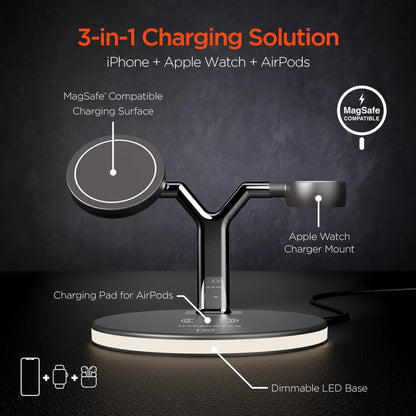 HyperGear MaxCharge 3-in-1 MagSafe Wireless Charging Stand for iPhone + Apple Watch + AirPods (15515-HYP)