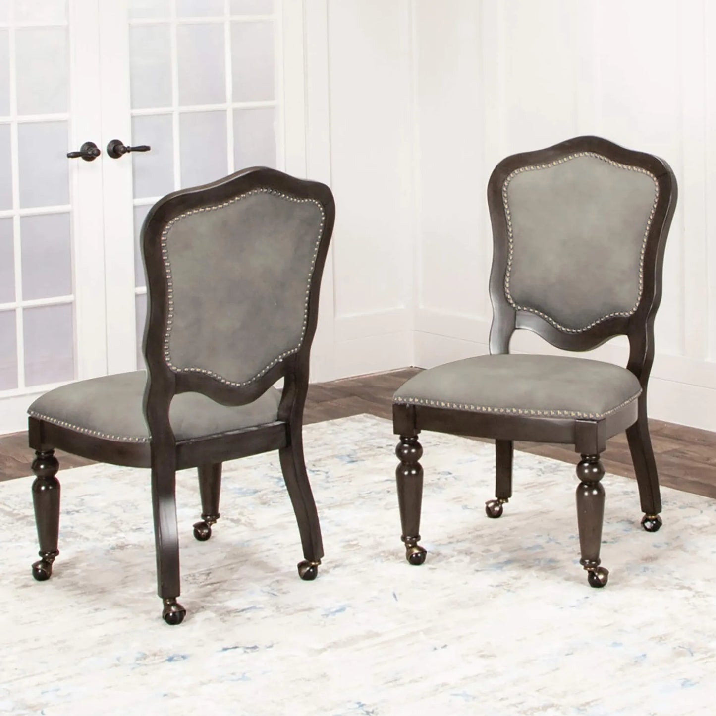 Sunset Trading Vegas Game Room and Dining Chair | Distressed Gray Wood | Nailheads | Casters | Set of 2