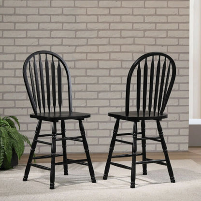 Sunset Trading Selections Arrowback Windsor 24" Barstool | Distressed Black Solid Wood Counter Height Stool | Set of 2