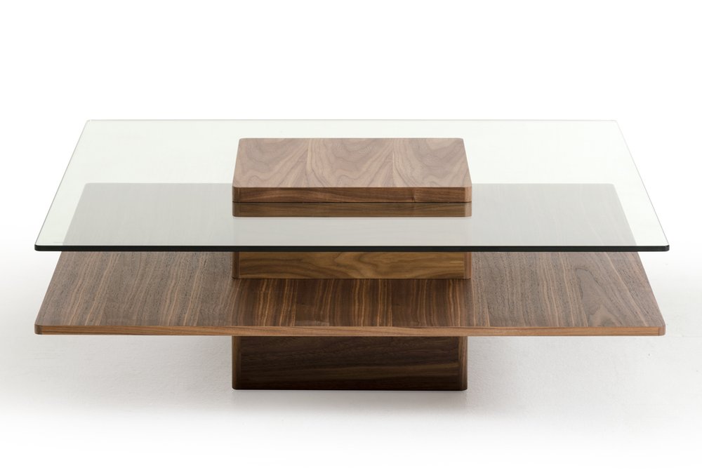 39" Clear and Brown Glass and Wood Pedestal Coffee Table With Shelf