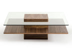 39" Clear and Brown Glass and Wood Pedestal Coffee Table With Shelf
