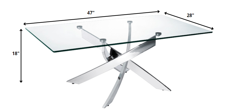 47" Clear and Silver Glass And Steel Cross Legs Coffee Table
