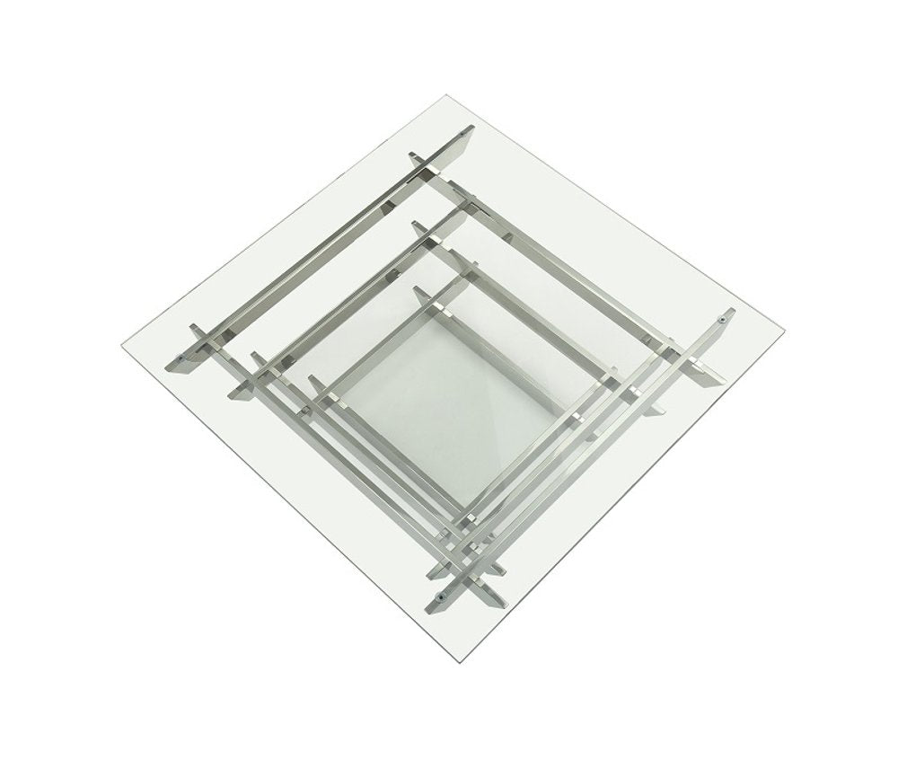 39" Clear and Silver Glass And Stainless Steel Square Sled Coffee Table With Shelf