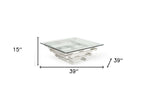 39" Clear and Silver Glass And Stainless Steel Square Sled Coffee Table With Shelf