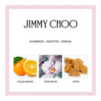 Jimmy Choo fragrance description card with images of Italian orange, tiger orchid, and toffee.