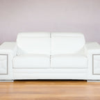 71" White Italian Leather Sofa With Silver Legs