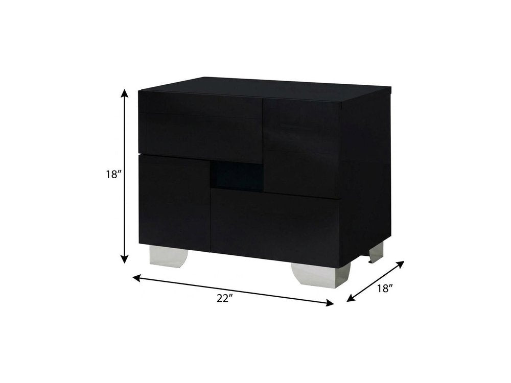 18" Black Wood And Mirrored Glass Two Drawer Nightstand
