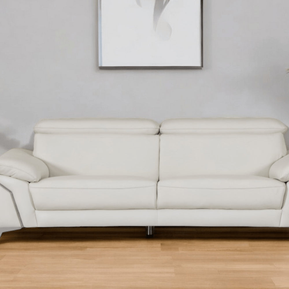 87" White Italian Leather Sofa With Silver Legs