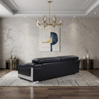 92" Black Italian Leather Sofa With Silver Legs