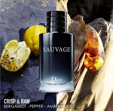 Dior Sauvage perfume bottle with lemons and amber on a textured background