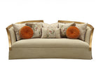41" Beige Velvet Curved Sofa And Toss Pillows With Natural Legs