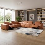 Camel Italian Leather Power Reclining U Shaped Eight Piece Corner Sectional With Console