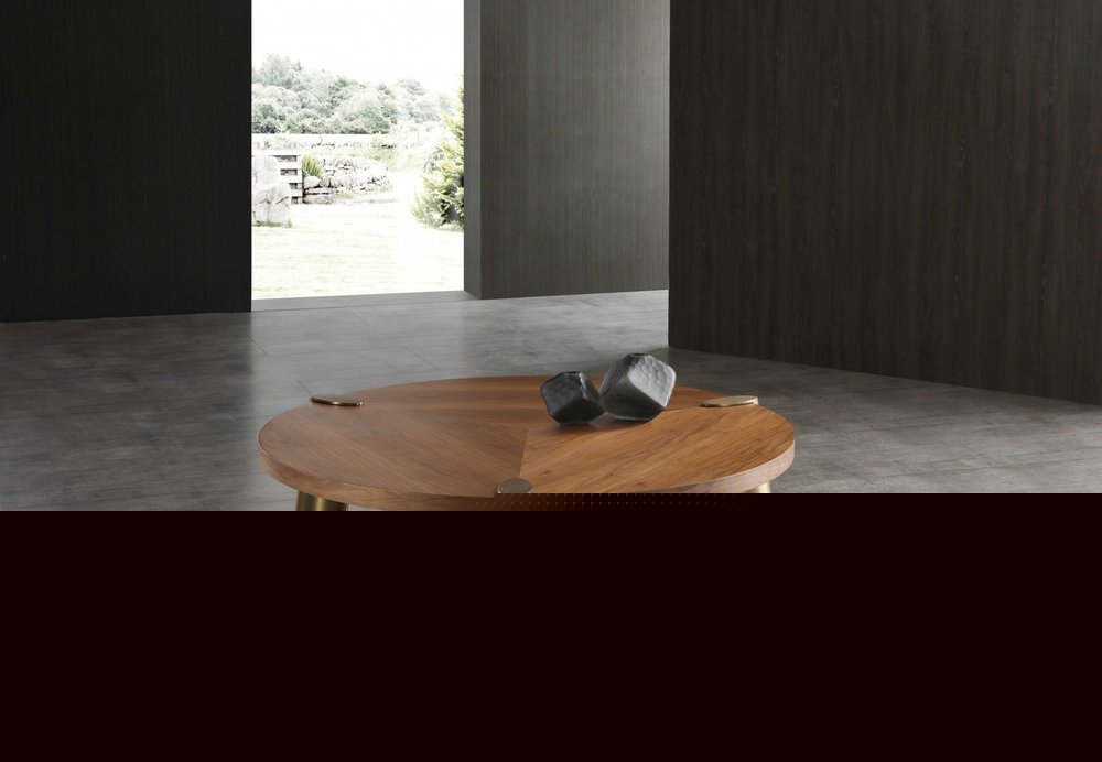 55" Brown and Gold Wood And Stainless Steel Round Coffee Table