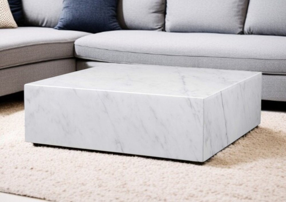 35" White Genuine Marble And Brass Square Coffee Table