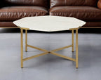 33" White and Gold Genuine Marble and Metal Octagon Coffee Table