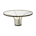 36" Antiqued Gold And White Glass Iron and Marble Round Pedestal Coffee Table