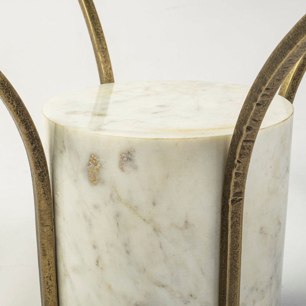 36" Antiqued Gold And White Glass Iron and Marble Round Pedestal Coffee Table