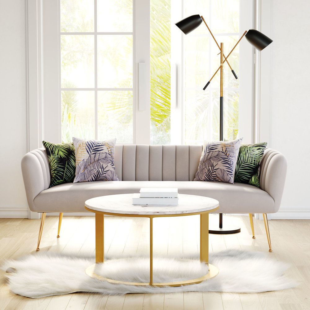 70" Beige Velvet Sofa With Gold Legs