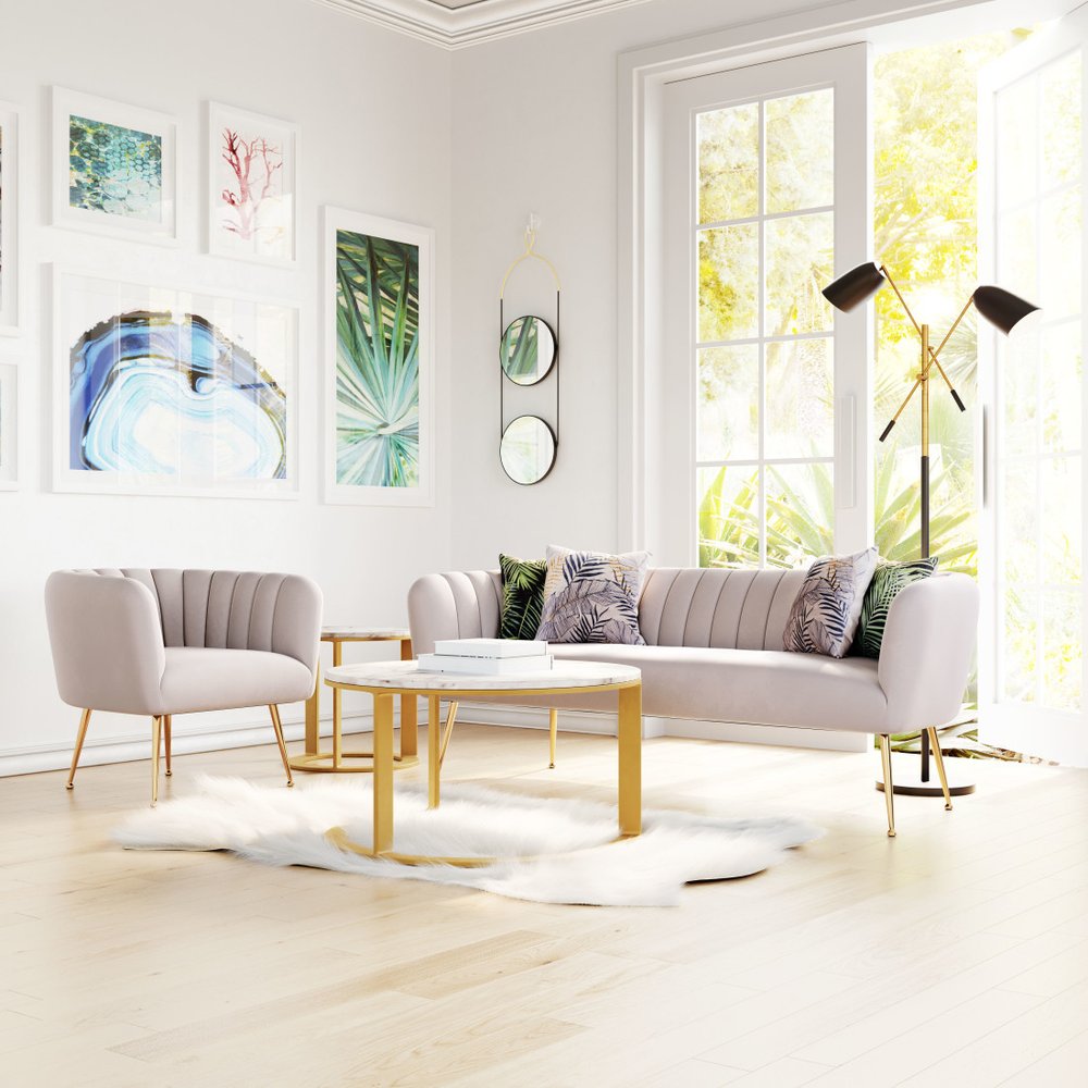 70" Beige Velvet Sofa With Gold Legs