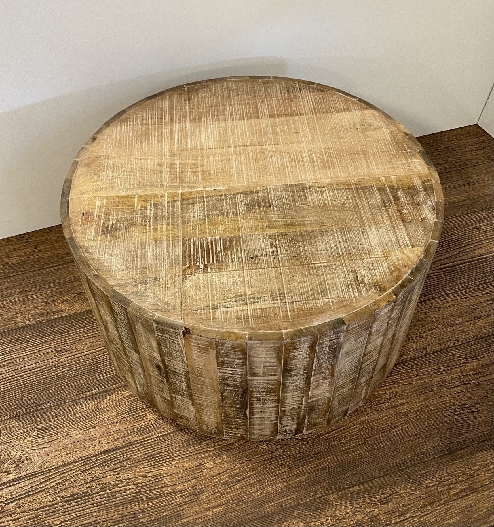 32" Brown Solid Wood Round Distressed Drum Coffee Table