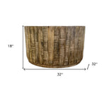32" Brown Solid Wood Round Distressed Drum Coffee Table