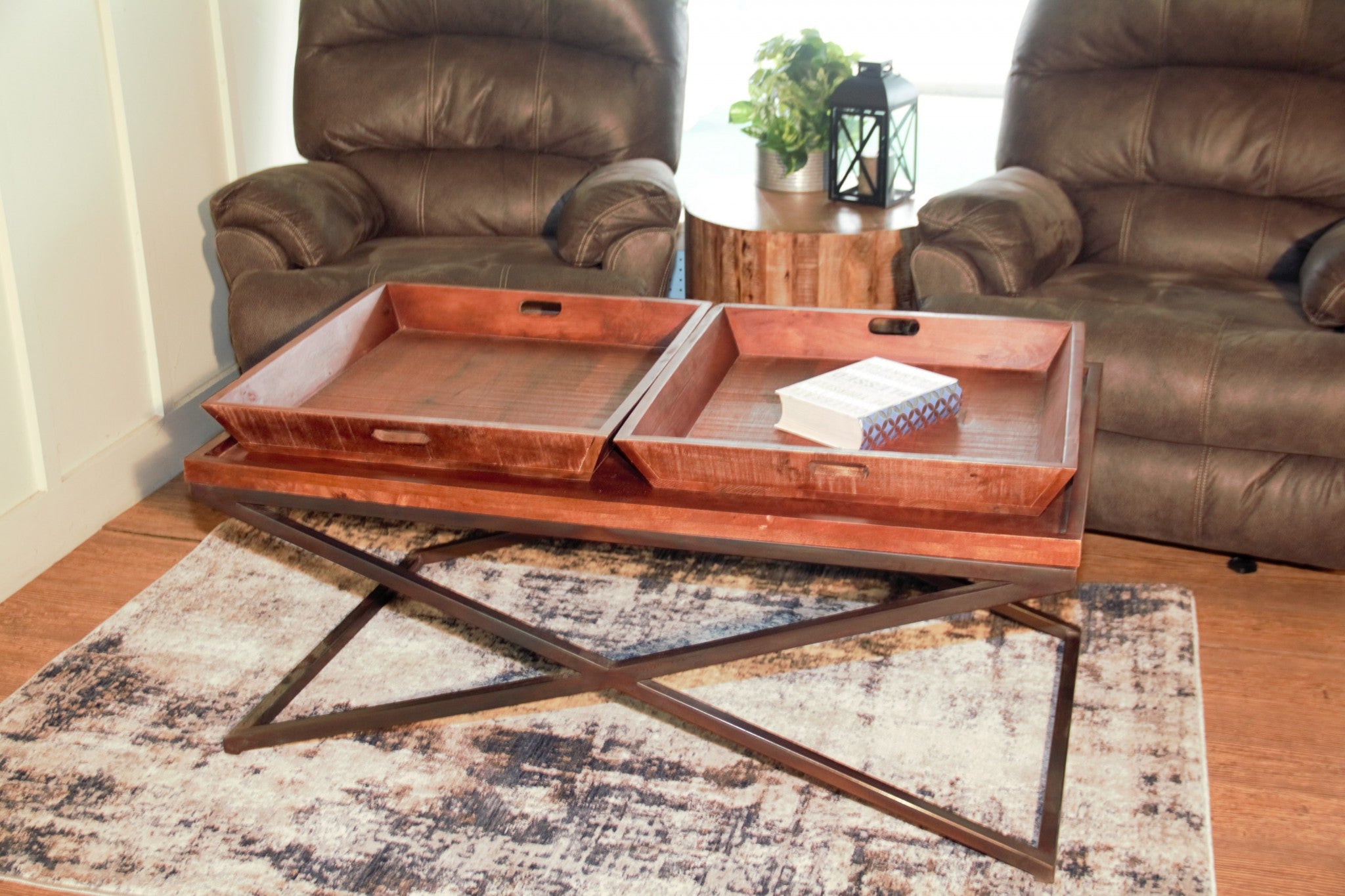 27" Brown And Black Solid Wood Cross Legs Coffee Table