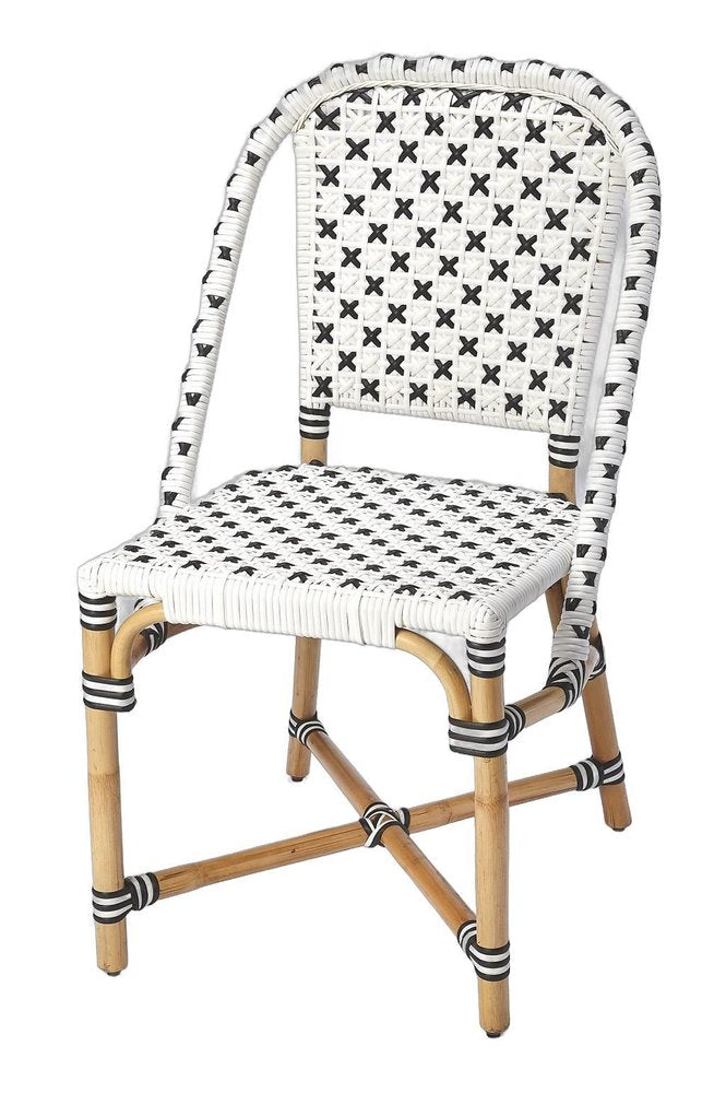 21" Black And White Woven Faux Rattan Outdoor Dining Chair