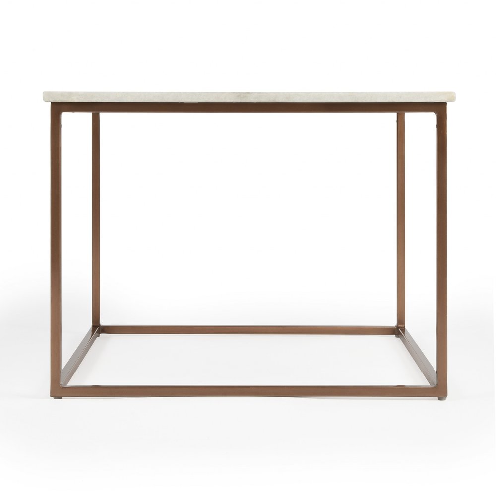 24" White and Copper Genuine Marble and Metal Square Coffee Table