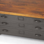 36" Brown and Gray Solid Wood and Metal Square Coffee Table With Three Drawers