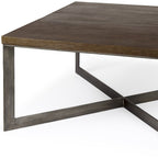 34" Brown Solid Wood and Metal Square Coffee Table