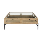 42" Clear and Black Glass and Metal Square Coffee Table With Two Drawers And Shelf