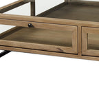 42" Clear and Black Glass and Metal Square Coffee Table With Two Drawers And Shelf