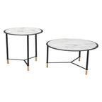 Set of Two White and Black Faux Marble And Glass And Steel Round Bunching Coffee Tables