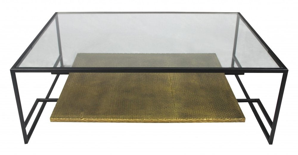 54" Clear and Black Glass and Iron Floor Shelf Coffee Table With Shelf