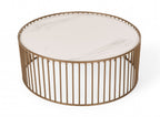 37" White and Gold Faux Marble And Metal Round Frame Coffee Table