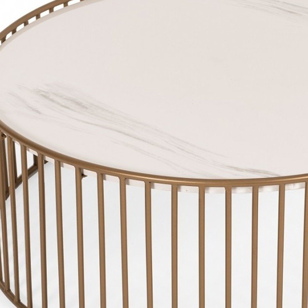 37" White and Gold Faux Marble And Metal Round Frame Coffee Table