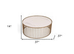 37" White and Gold Faux Marble And Metal Round Frame Coffee Table