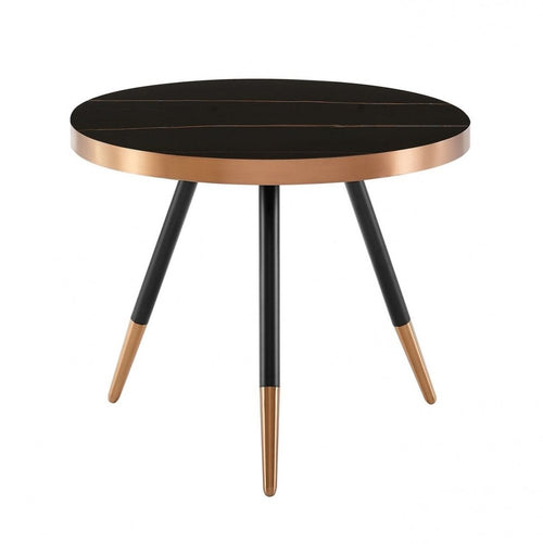 20" Black and Gold Faux Marble And Metal Round Coffee Table
