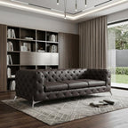 93" Brown Italian Leather Chesterfield Sofa With Silver Legs