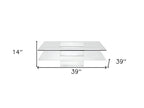 39" Clear and White Glass And Wood Square Pedestal Coffee Table With Shelf