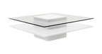 39" Clear and White Glass And Wood Square Pedestal Coffee Table With Shelf