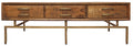 56" Brown and Brass Solid Wood and Iron Distressed Frame Coffee Table With Six Drawers