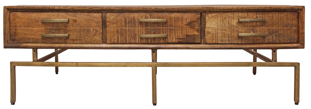 56" Brown and Brass Solid Wood and Iron Distressed Frame Coffee Table With Six Drawers