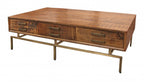 56" Brown and Brass Solid Wood and Iron Distressed Frame Coffee Table With Six Drawers