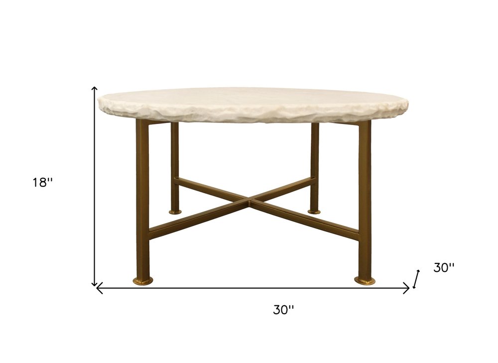30" Ivory and Brass Genuine Marble and Iron Round Frame Coffee Table