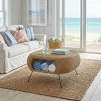 38" Natural and Black Rattan and Iron Oval Coffee Table