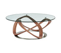 39" Clear and Brown Glass And Solid Wood Round Abstract Coffee Table