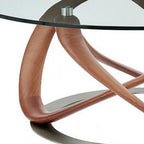 39" Clear and Brown Glass And Solid Wood Round Abstract Coffee Table